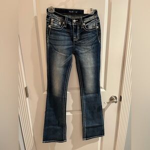 MISS ME Womens Fleur De Lis Mid-Rise Dark Blue Bootcut Jeans